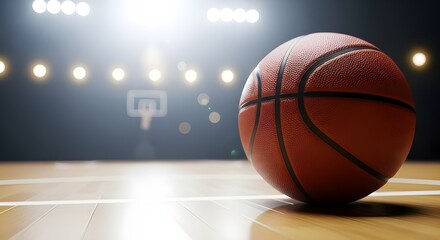 Fototapeta premium Basketball on court under arena lights ready for game