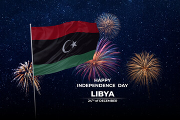 National flags of Libya in night sky with stars and fireworks