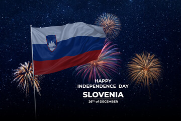 National flags of Slovenia in night sky with stars and fireworks