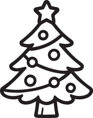 A meticulously illustrated, clean-lined drawing of a classic holiday Christmas tree, elegantly adorned with ornaments and a radiant star atop.