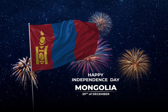 National flags of Mongolia in night sky with stars and fireworks
