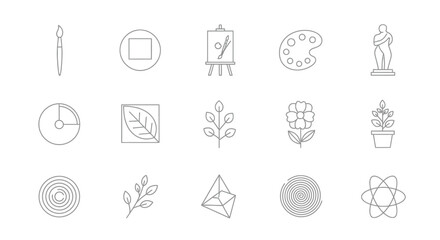 Elegant minimalist line art vector icons representing artistic and natural elements