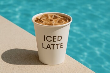 Iced latte in takeaway cup with ice cubes placed on poolside edge against clear blue water.