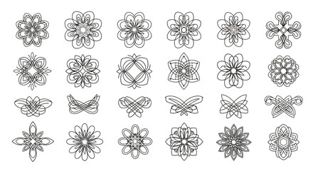 Collection of intricate floral and geometric vector line art designs on white background