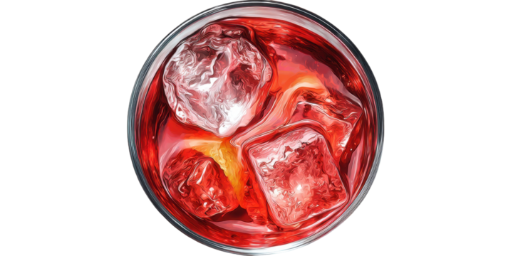 Top view of negroni drink with ice and orange twist