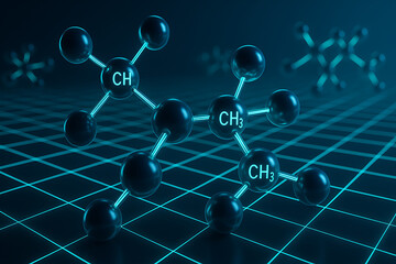 Molecular structure model with labeled CH groups on futuristic digital grid, chemical compound visualization for science education research chemistry analysis organic molecules abstract laboratory tec