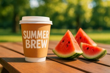 Summer brew paper cup on wooden table with fresh watermelon slices in sunny green park background.