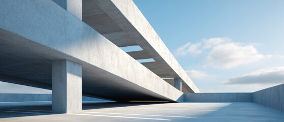 Obraz premium Empty modern concrete parking garage structure with clear blue sky and soft natural lighting in daytime