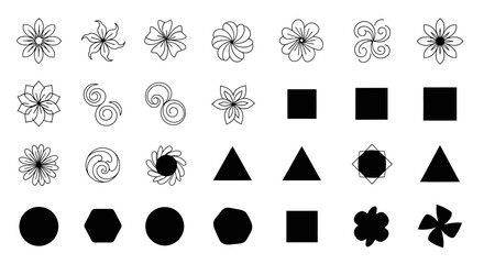 Assortment of diverse geometric and floral vector graphic shapes for design elements and decoration