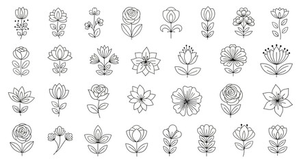 Charming assorted hand drawn flowers, set with unique designs on a white backdrop for spring
