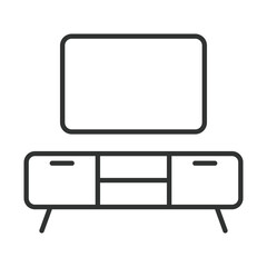 TV cabinet icon in line design. tv cabinet, media stand, tv furniture, entertainment unit, living room decor, storage cabinet on white background vector. tv cabinet editable stroke icon