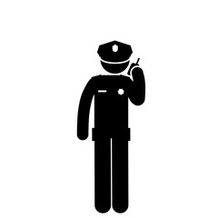 Stick figure police officer monitoring street activity.