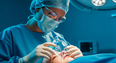Professional Anesthesiologist Holding Oxygen Mask Over Patient Face in Operating Room
