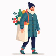 adult character carrying a simple winter-themed grocery bag filled with seasonal produce