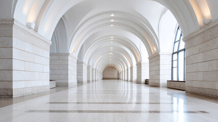 Spacious white marble corridor with symmetrical vaulted arches and large arched creating bright, reflective, and elegant architectural interior space