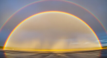 Obraz premium Double rainbow arches over a wet ground with sky colors visible