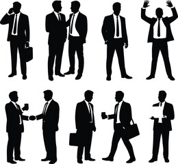 Set of businessman silhouettes in various poses, corporate professionals talking, shaking hands, and working, black and white illustration