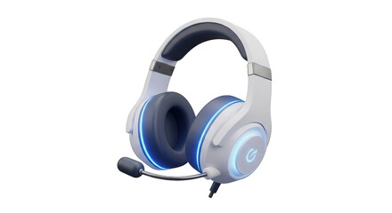 Pair of headphones with a microphone and a blue light on the side. isolated illustration on  transparent background PNG