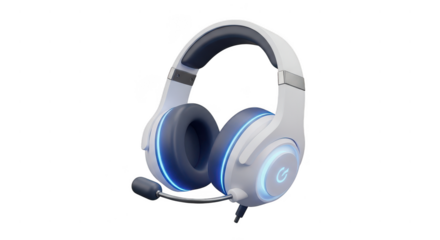 Pair of headphones with a microphone and a blue light on the side. isolated illustration on  transparent background PNG