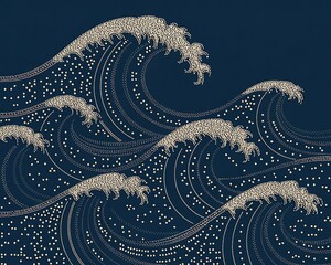 Stylized waves with foam crests and dotted patterns on a dark blue background