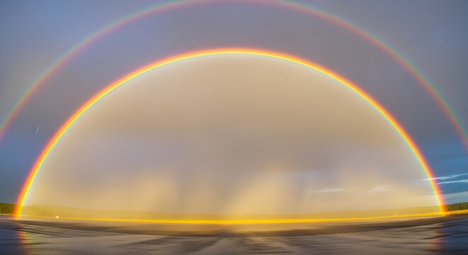 Double rainbow arches over a wet ground with sky colors visible - Powered by Adobe