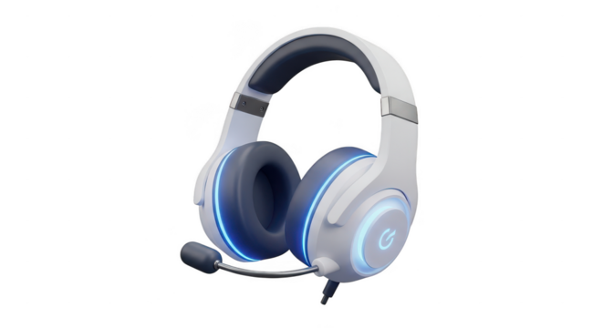 Pair of headphones with a microphone and a blue light on the side. isolated illustration on  transparent background PNG - Powered by Adobe
