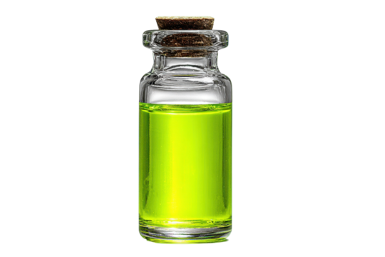 Small Glass Bottle with Cork Stopper Filled with Bright Green Liquid