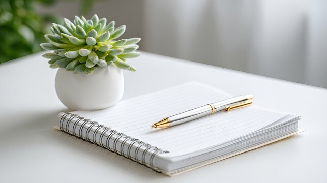 White notebook with gold stylus pen and succulent plant on modern desk workspace flat lay minimal office stationery background for planning journaling productivity and branding mockup