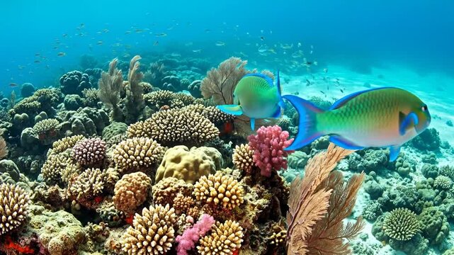 Vibrant parrotfish swim gracefully near coral reefs in a clear tropical ocean