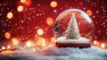 Christmas tree in Glass snow globe on red background, Christmas decorative design with white snowdrift,snowflakes,glow garland,3d decorative garland glow.Xmas Decorations,Vector illustration.