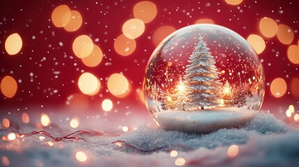 Christmas tree in Glass snow globe on red background, Christmas decorative design with white snowdrift,snowflakes,glow garland,3d decorative garland glow.Xmas Decorations,Vector illustration.