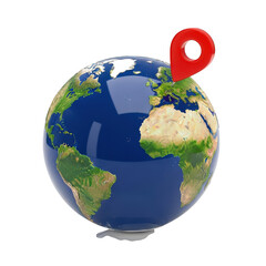 Globe with a red pin on it. isolated illustration on  transparent background PNG