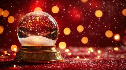 Christmas tree in Glass snow globe on red background, Christmas decorative design with white snowdrift,snowflakes,glow garland,3d decorative garland glow.Xmas Decorations,Vector illustration.