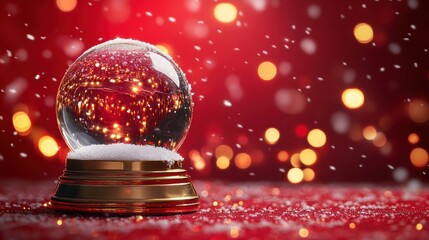 Christmas tree in Glass snow globe on red background, Christmas decorative design with white snowdrift,snowflakes,glow garland,3d decorative garland glow.Xmas Decorations,Vector illustration.