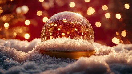 Christmas tree in Glass snow globe on red background, Christmas decorative design with white snowdrift,snowflakes,glow garland,3d decorative garland glow.Xmas Decorations,Vector illustration.