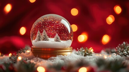 Christmas tree in Glass snow globe on red background, Christmas decorative design with white snowdrift,snowflakes,glow garland,3d decorative garland glow.Xmas Decorations,Vector illustration.