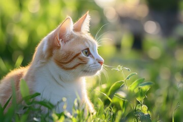 Profile of a Ginger Cat Sitting Among Green Grass in Nature