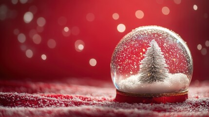 Christmas tree in Glass snow globe on red background, Christmas decorative design with white snowdrift,snowflakes,glow garland,3d decorative garland glow.Xmas Decorations,Vector illustration.