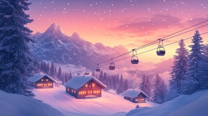 Colorful ski cabin lift for mountain skiers and snowboarders moves in the air on a cableway,ski resort with snowy hill,Skiing and snowboarding,Active vacation weekend,Winter holiday.