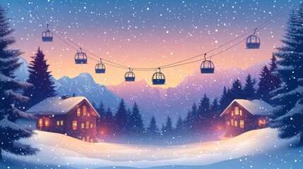 Colorful ski cabin lift for mountain skiers and snowboarders moves in the air on a cableway,ski resort with snowy hill,Skiing and snowboarding,Active vacation weekend,Winter holiday.