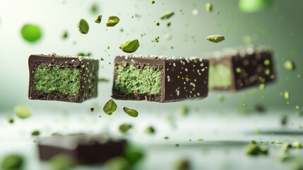 Dubai Chocolate Kunafa Pistachio on white background,Dubai Chocolate bar with green kadayif and pistachio spread,popular and viral chocolate 2024,space for text.