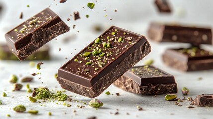 Dubai Chocolate Kunafa Pistachio on white background,Dubai Chocolate bar with green kadayif and pistachio spread,popular and viral chocolate 2024,space for text.