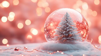 Christmas tree in Glass snow globe on red background, Christmas decorative design with white snowdrift,snowflakes,glow garland,3d decorative garland glow.Xmas Decorations,Vector illustration.
