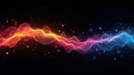 Vibrant glowing particle waves blending orange, pink and blue tones flowing across dark background with dynamic motion.