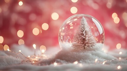Christmas tree in Glass snow globe on red background, Christmas decorative design with white snowdrift,snowflakes,glow garland,3d decorative garland glow.Xmas Decorations,Vector illustration.