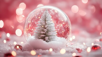 Christmas tree in Glass snow globe on red background, Christmas decorative design with white snowdrift,snowflakes,glow garland,3d decorative garland glow.Xmas Decorations,Vector illustration.