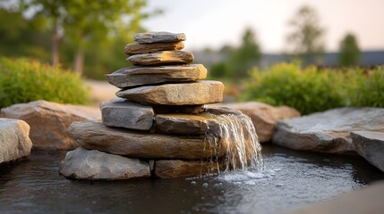 A stacked stone fountain with water cascading over rocks in a tranquil garden setting