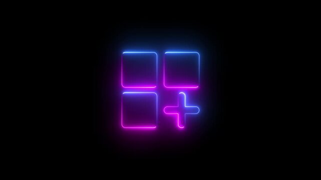 Neon animated dashboard icon – glowing blue and purple grid with add symbol on dark background. neon dashboard icon – add new panel concept.