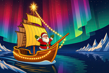 Santa Claus sailing a ship under the northern lights -
