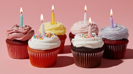 A joyful scene features six delightful cupcakes adorned with vibrant frosting and lit candles. Each cupcake is a sweet work of art, perfect for a festive birthday celebration